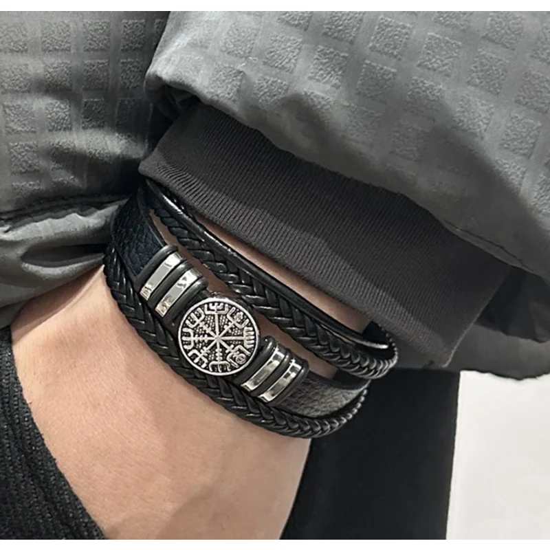 

Fashion Punk Black Trendy Leather Bracelets For Men All-match Multi-layer Braided Scripture Compass Devil Eye Lovers Gift