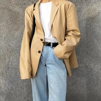 autumn and winter 2021 new womens long sleeved temperament trend solid color lapel single breasted loose fitting glossy jacket