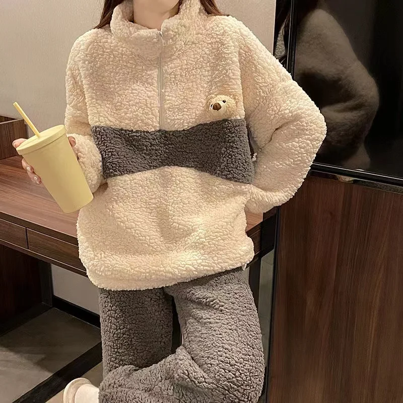 2022 New Pajamas Set For Women Thicken Warm Flannel Pyjamas Suit Coral Fleece Sweet Cute Flannel Winter Homewear Home Clothes