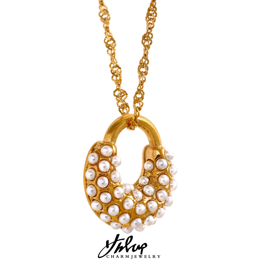 

Yhpup Vintage Imitation Pearls Round Pendant Stainless Steel Fashion Necklace 18K Gold Plated Chain Trendy Waterproof Jewelry