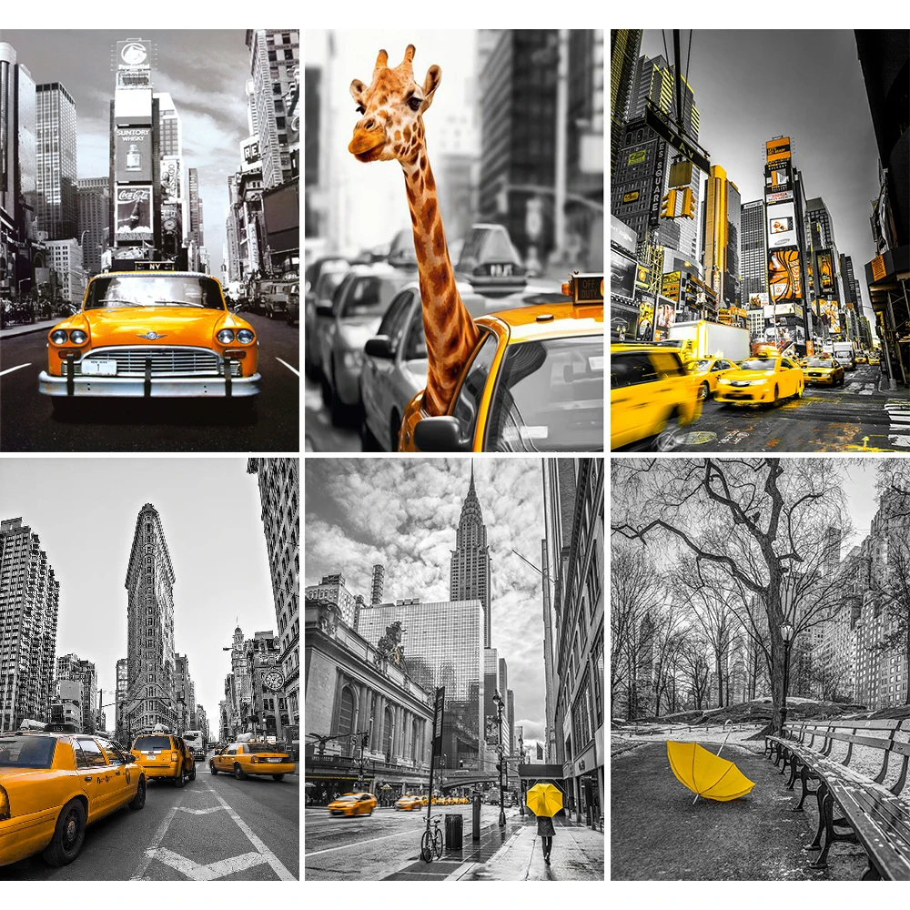 

5D Diy Landscape Diamond Painting Black and White Figure New York Street Car Round Hand Mosaic Home Decoration Gift