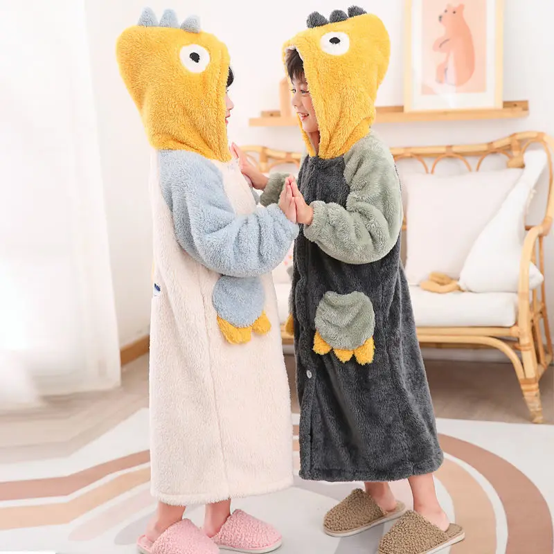 

Children's Pajamas Autumn Winter Bathrobe Coral Fleece Lengthened To Ankle Padded Flannel Dinosaur 2-12y Boys Girls Home Clothes