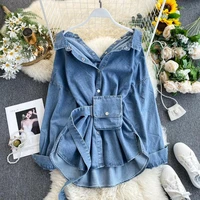 casual shirts for women lapel long sleeve high waist patchwork bag ruched denim blouses female 2022 autumn clothes j157