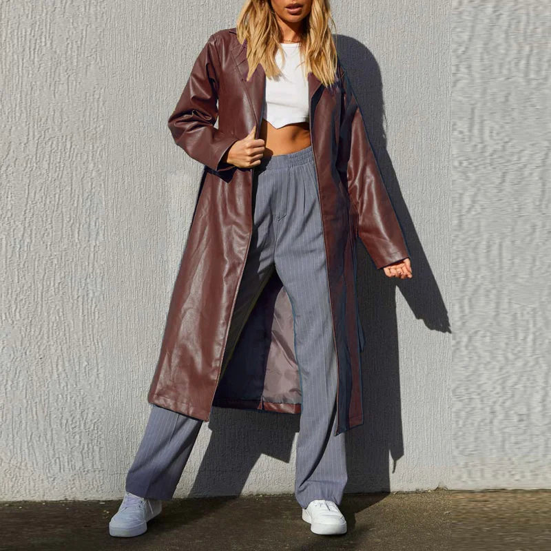 Autumn and Winter Women's New Long Leather Clothes Lapel Belt Casual Versatile Windbreaker Solid Women's PU Long Windbreaker