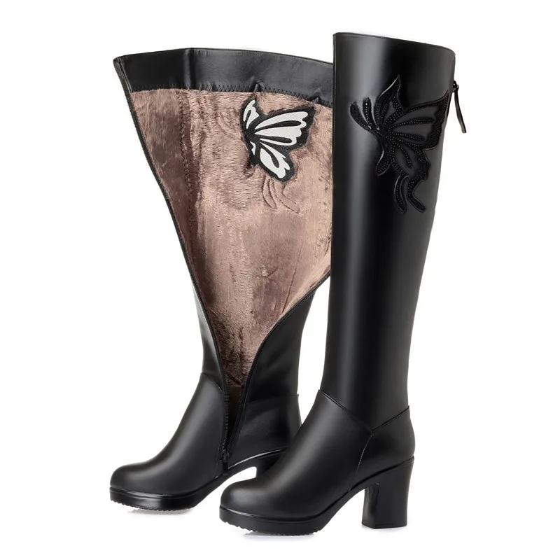 AIYUQI Women Knee High Boots 2023 New Winter Genuine Leather Plus Velvet Ladies Knight Boots Fashion Butterfly Long Boots Women