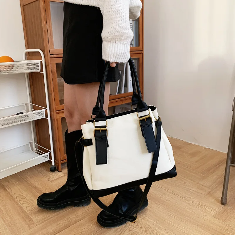 High-capacity Fashion Canvas Handbag Simple Color Contrast Single Shoulder Messenger Bags Commuter Versatile Tote Crossbody Bag