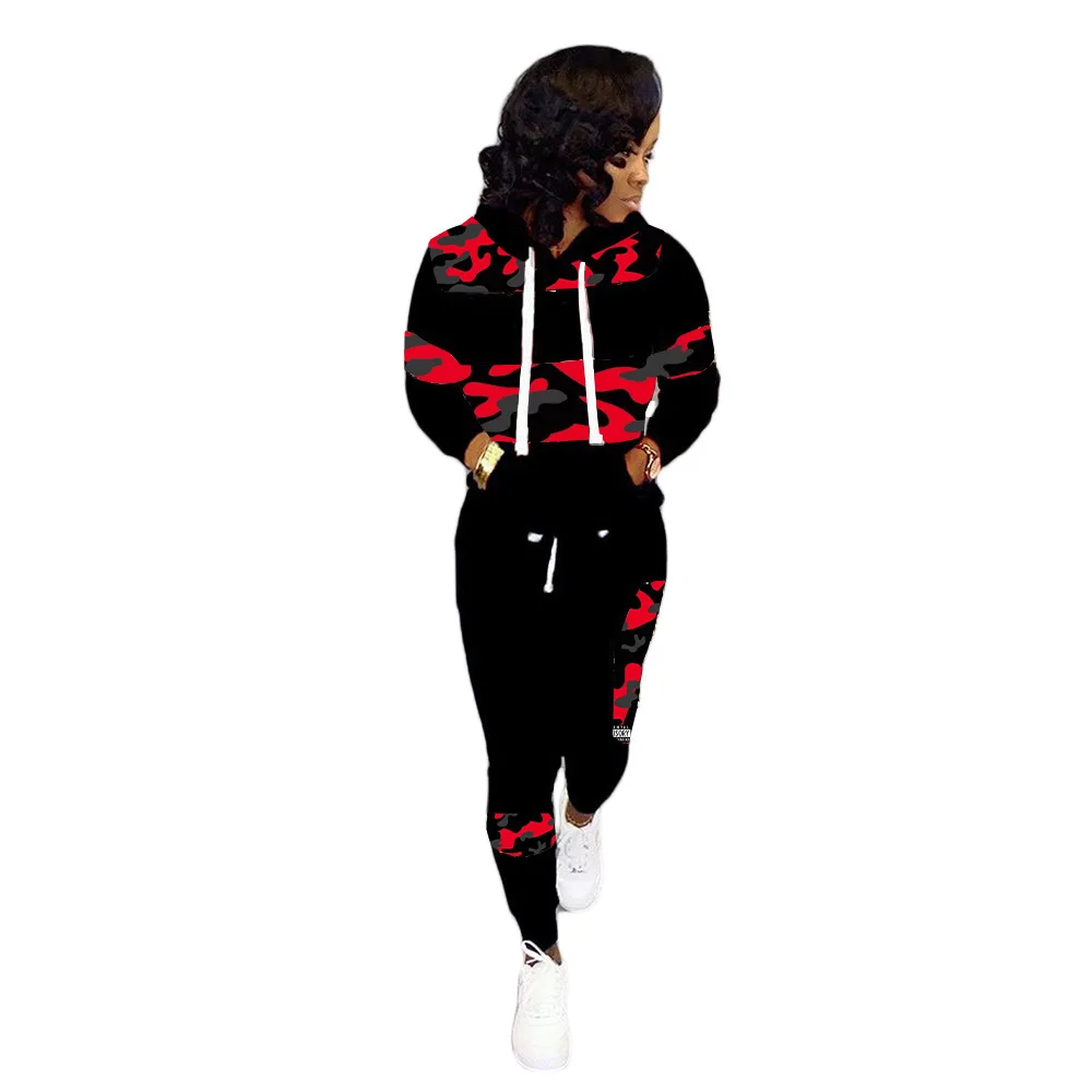 Plus Size Sets Two Piece Set for Women Printing Long Sleeve Hooded Plus Size Women Clothing O-Neck Elastic Waist High Street