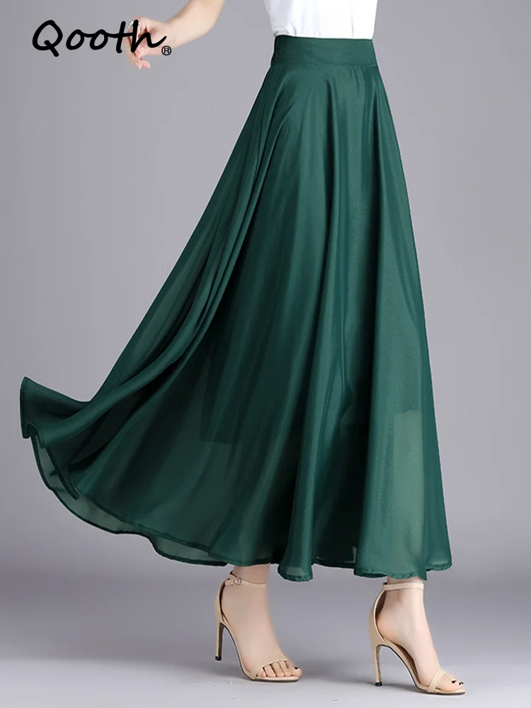 

Летняя женская однотонная шифоновая трапециевидная сетчатая юбка миди Qooth, элегантная длинная юбка с высокой талией QT1762