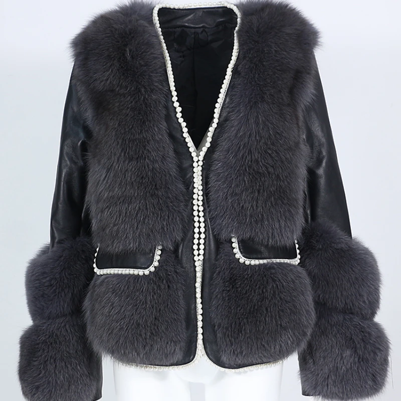 

2023 Winter Jacket Women Real Fur Coat Natural Fox Fur Genuine Leather Pearl Warm Outerwear Streetwear Fashion Locomotive