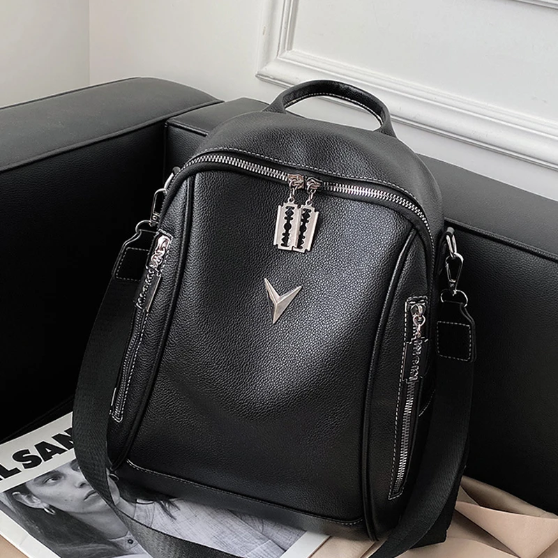 

Women Fashion Multi-Zip Shoulder Bag 2022 Ladies Designer Large Capacity Student School Bag High Quality Leather Travel Backpack