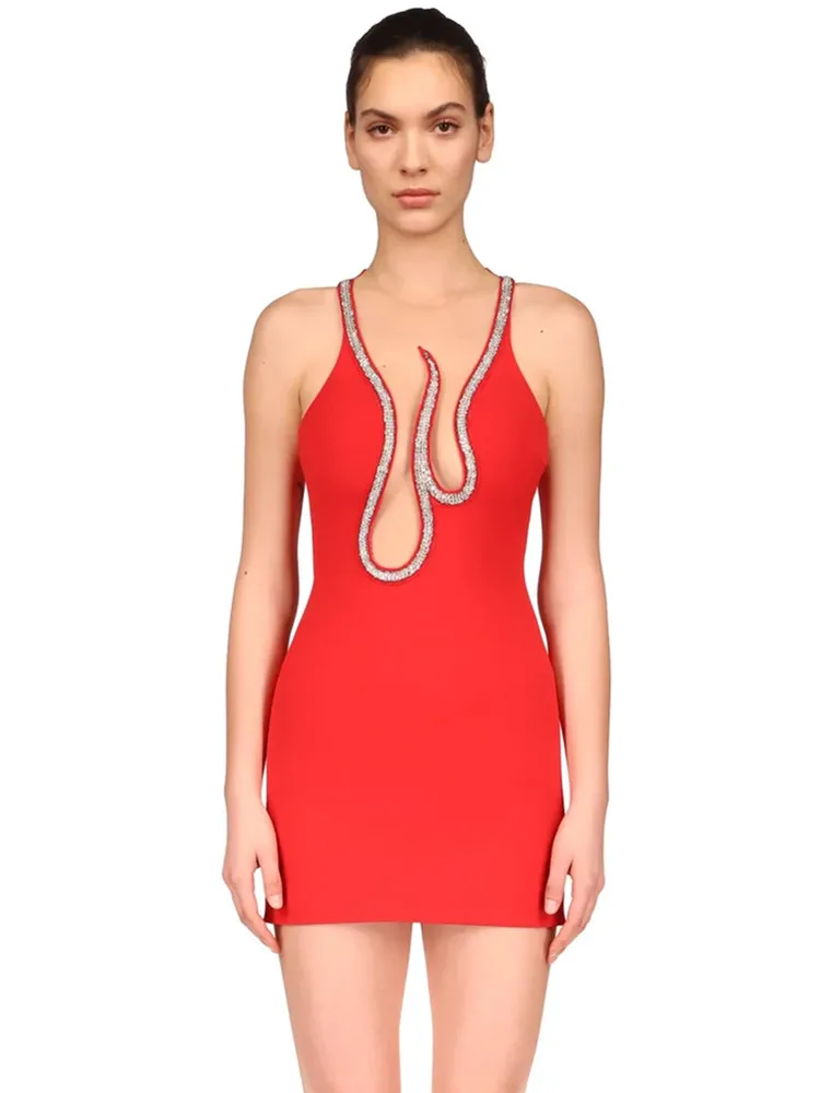 

Женское облегающее мини-платье со стразами, дизайнерское облегающее платье с воротником-стойкой, вечернее Клубное платье на выход, лето 2022