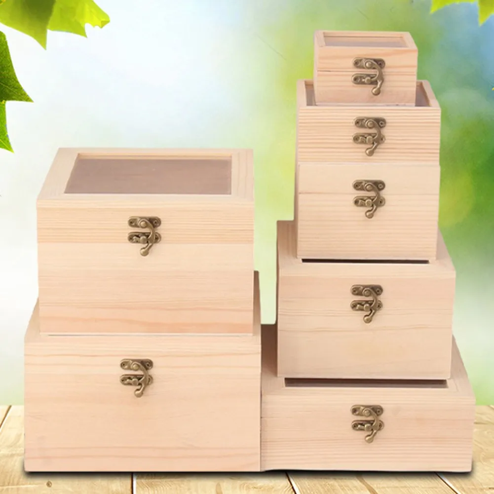 

Wooden Square Hinged Storage Boxes Craft Gift Simple Storage Container Dustproof Jewelry Box With Lock Home Supply Storage