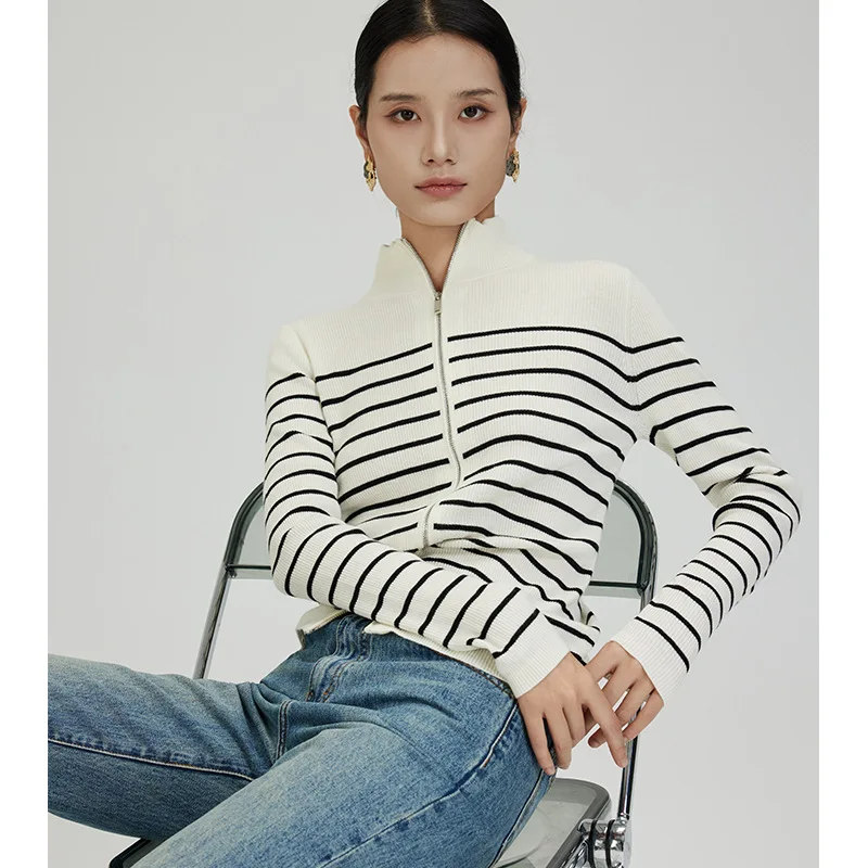 Шерстяной вязаный кардиган женский полосатый эластичный на молнии с длинным