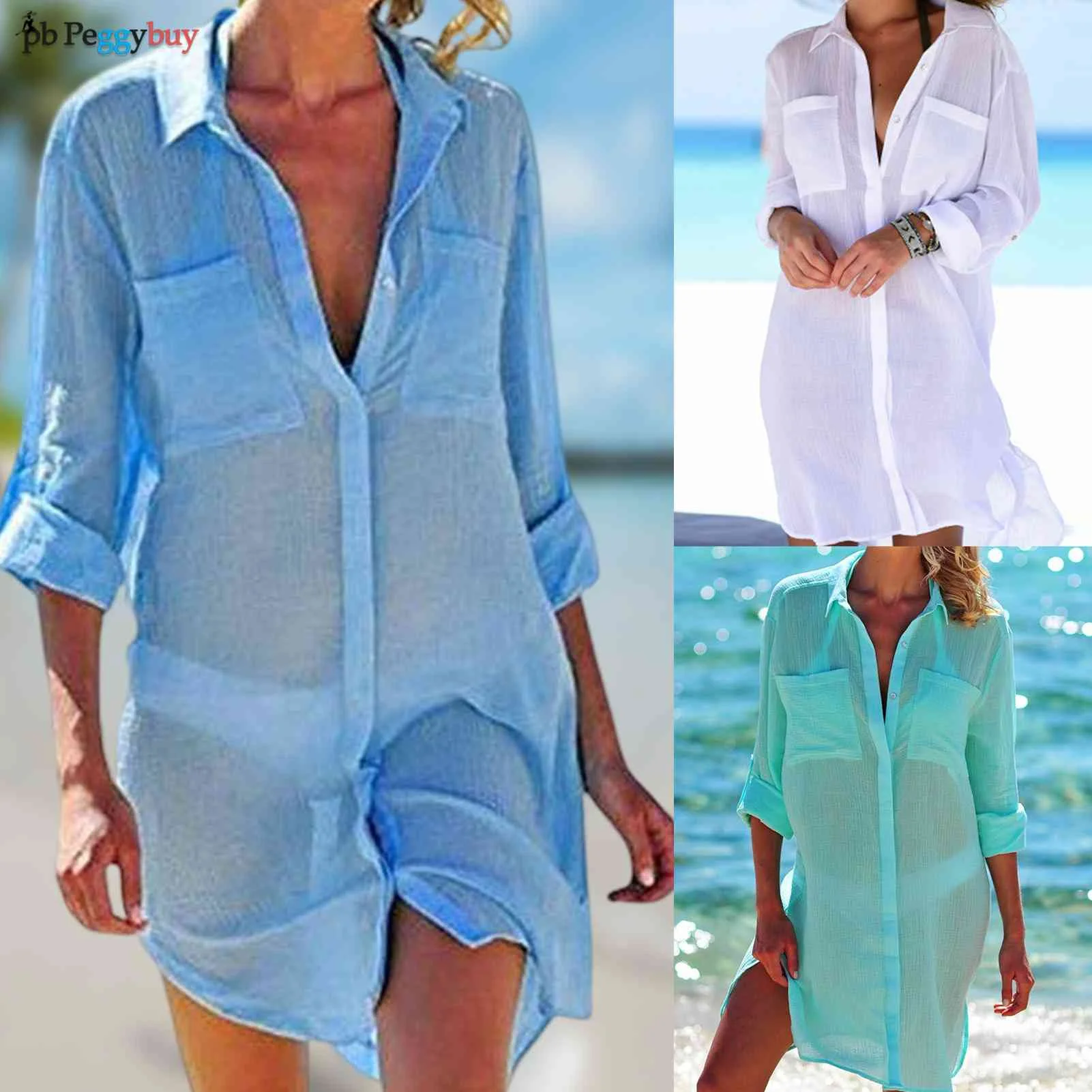 

Купальник-бикини, накидка с длинным рукавом, Пляжное платье, Европейская мода, простая однотонная одежда с карманами и пуговицами для защит...