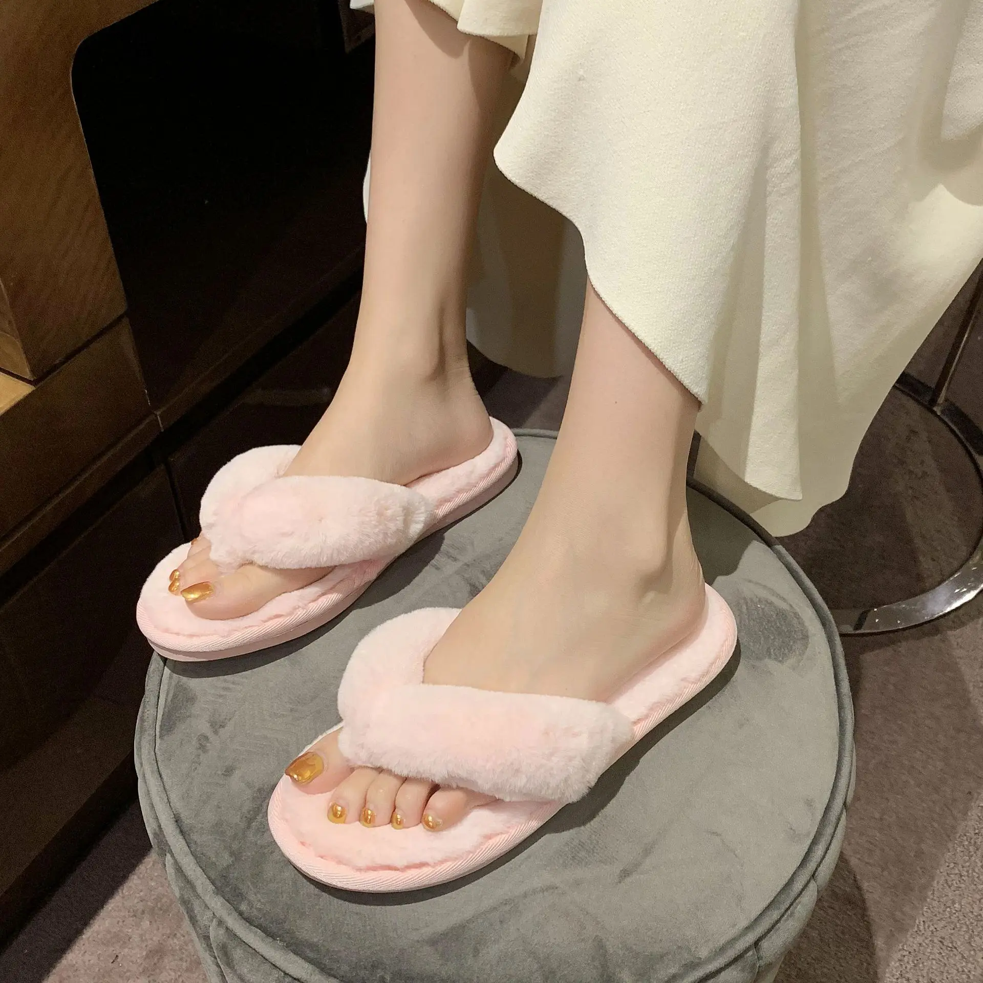 Hairy Slippers Women's Autumn and Winter New Home Interior Non-slip Home Tide Outside Wear Flip-flops Shoes for Women