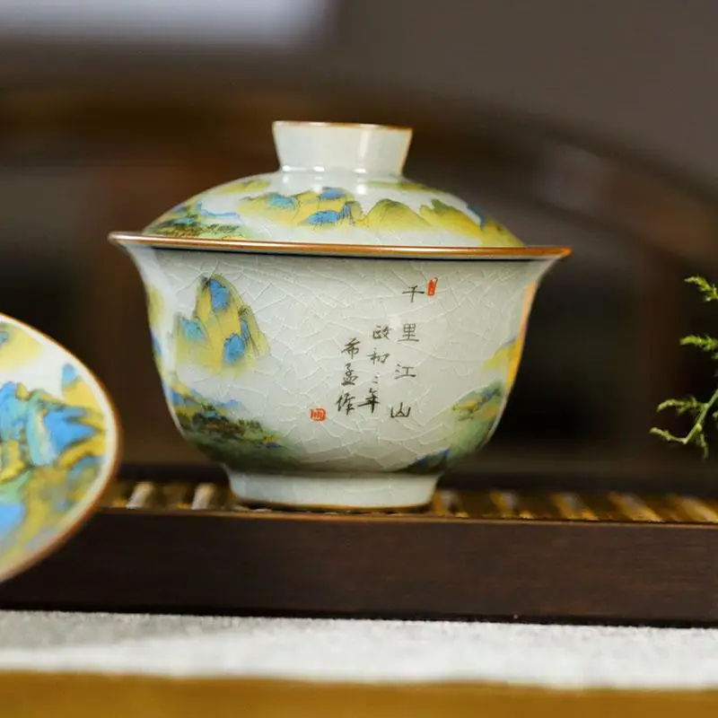 Jingdezhen Old Clay Tureen Pastel Thousand-Li Landscape Gaiwan Ceramic Blue and White Tea Bowl Gracked Glaze Supportable