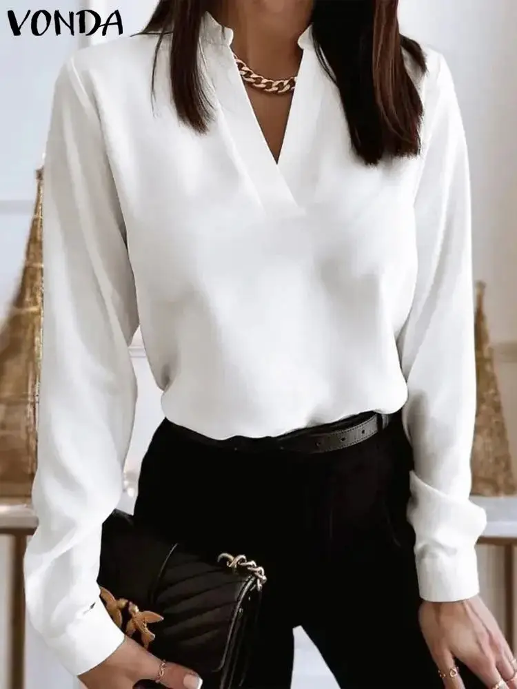 

VONDA Women Blouse Autumn Tops 2023 Fashion Women Long Sleeve Casual Solid Color V-neck Shirts Elegant Blusas Femininas