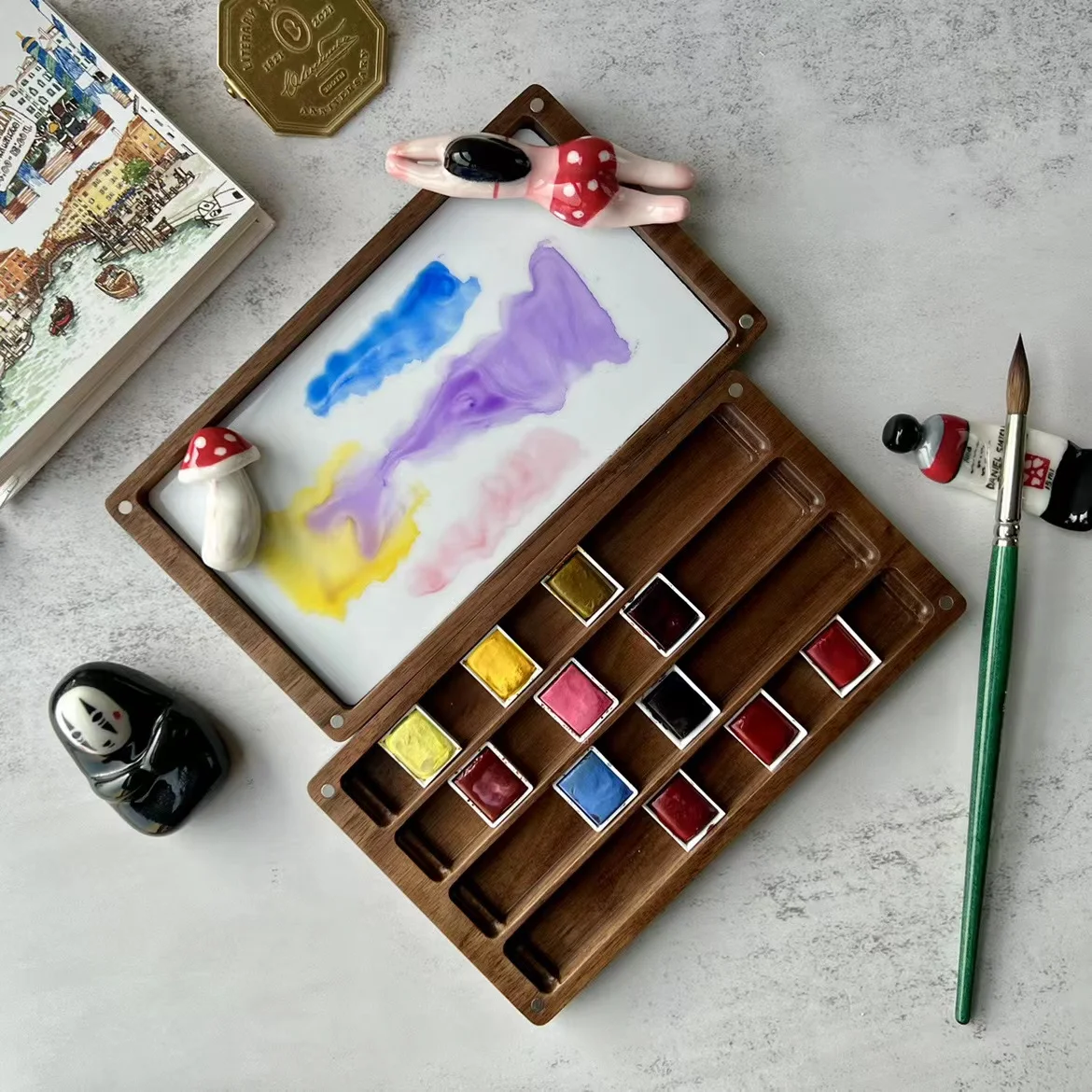 Wooden paint box Handmade watercolor color box 50 color travel paint box Ceramic toning walnut  50 colors/36 colors