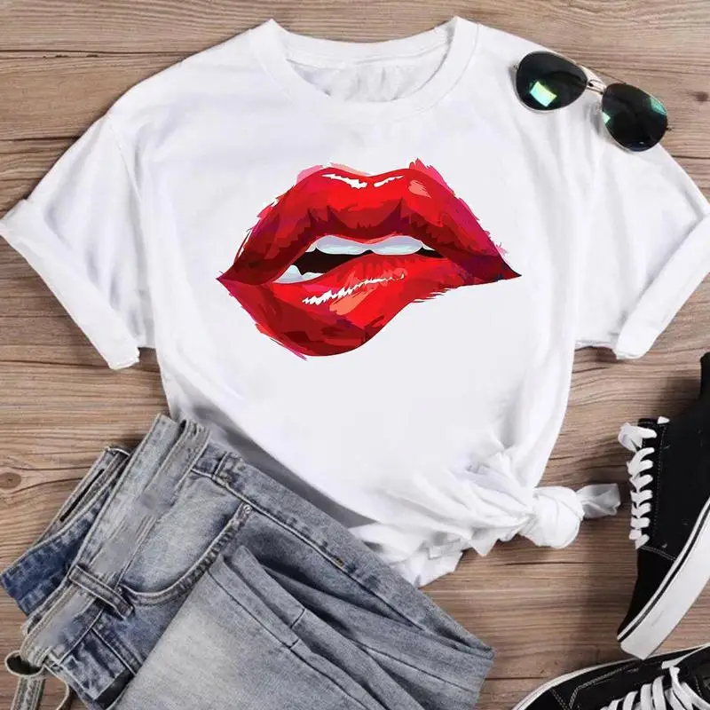 

Women lip watercolor sexy lip sweet Print T Shirt Female Graphic Top Short Sleeve Fashion Summer Tshirts casual Tee T-Shirt