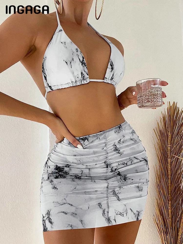 

INGAGA Tie Dye 3 Piece Bikini Sexy Ruched Swimsuit With Mesh Skirt Halter Swimwear Women 2022 Bathing Suit High Cut Biquinis Set