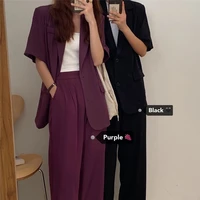women two piece sets loose thin lapel two button suit jacket and draped high waist mopping trousers wide leg korean chic retro