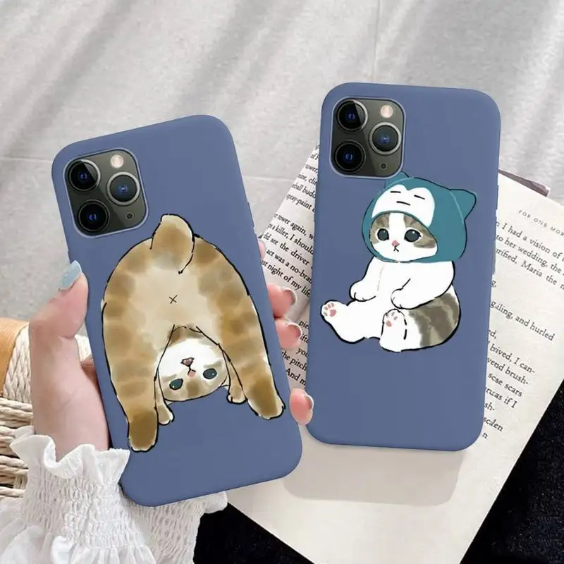 

Funny Cartoon Cat Phone Case for iPhone 11 12 13 Mini Pro Xs Max 8 7 6 6S Plus X XR Solid Candy Color Case