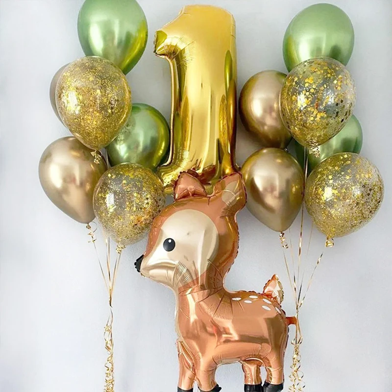 

15pcs/set Jungle Giraffe Deer Foil Balloons 32inch Gold Numbers Air Globos Forest Safari Themed Kids 1st Birthday Party Decors