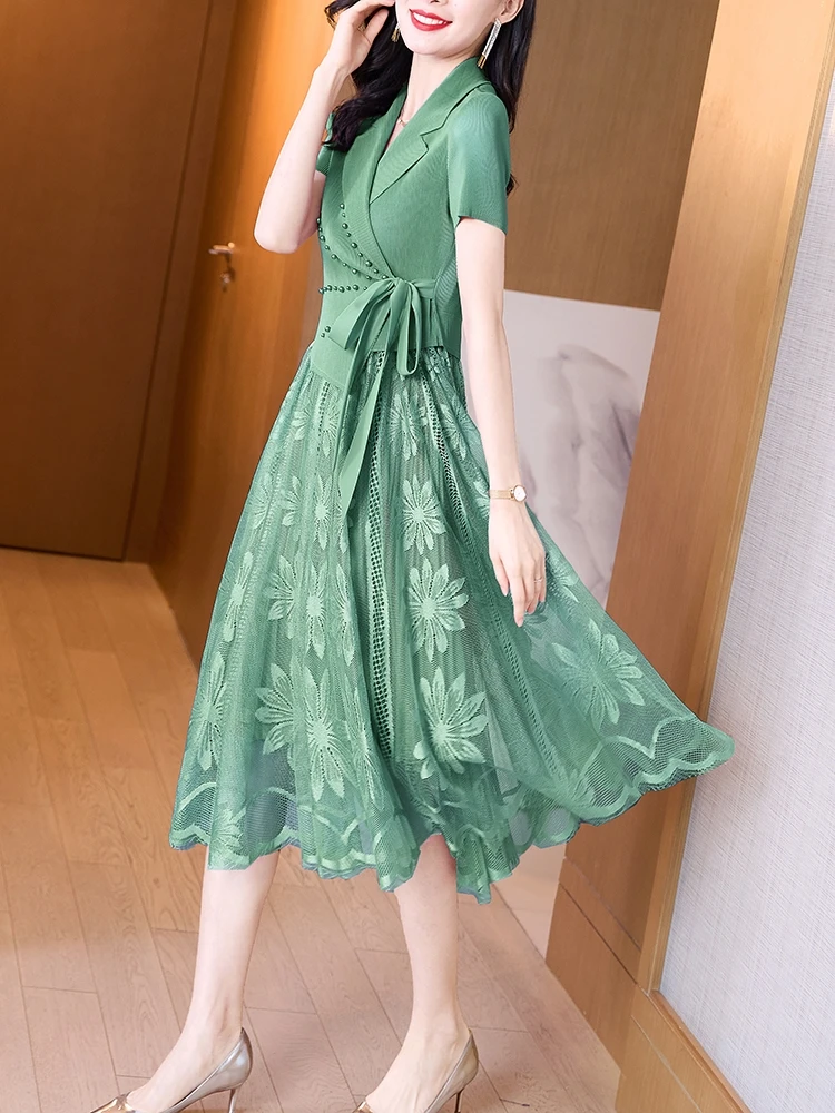 Летнее розовое Сетчатое ажурное платье средней длины в стиле пэчворк летнее