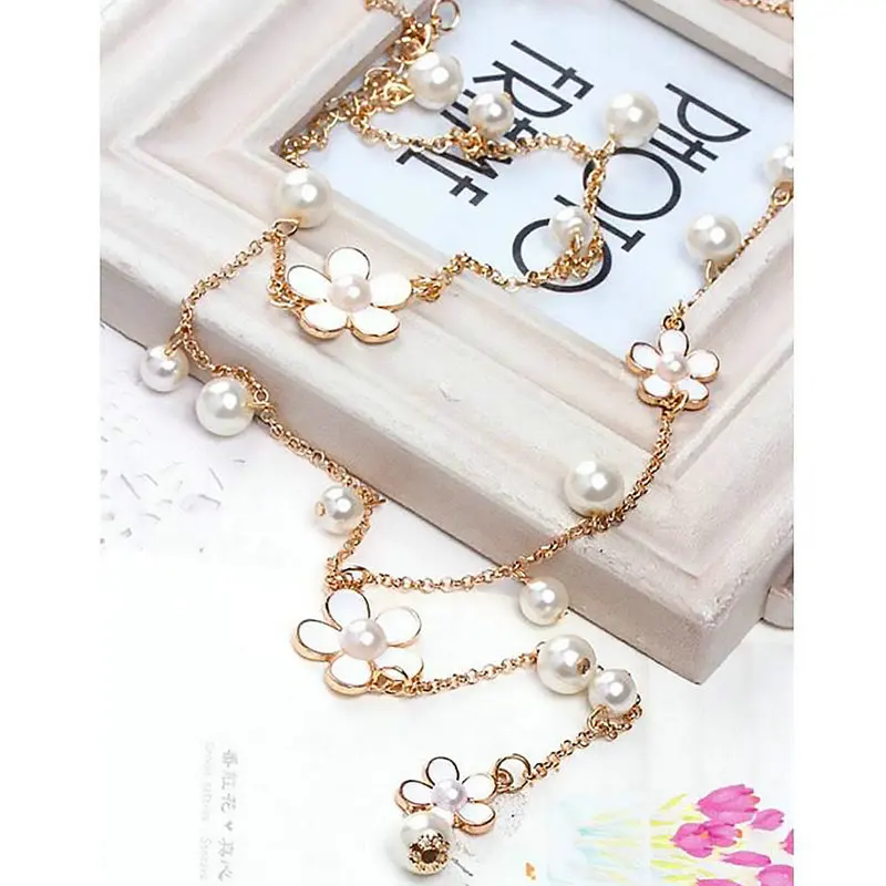 Женская цепочка с пятилепестками длинное ожерелье из искусственного жемчуга