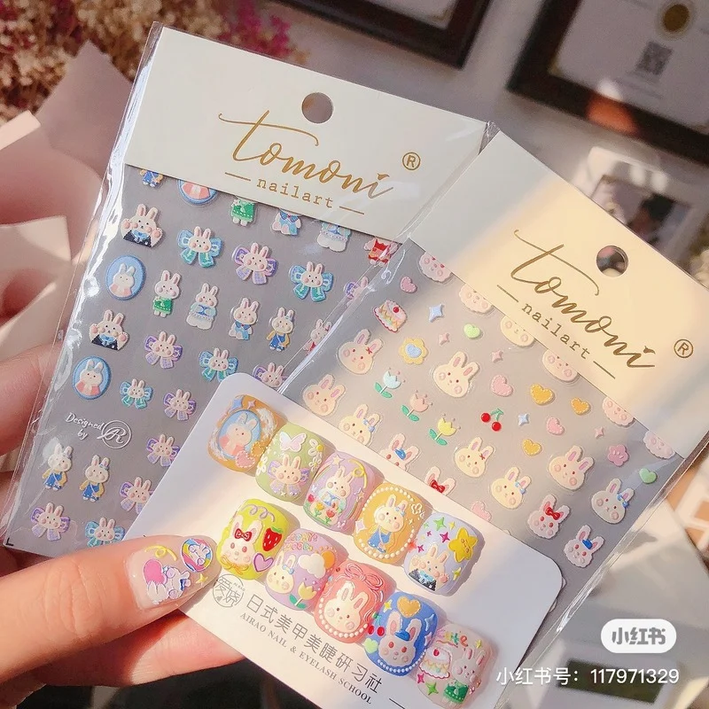 

Trendy Japanese 5D Relief Ultra-thin Nail Art Stickers Cartoon Cute Bowknot Rabbit Soft Embossed Nail Decals Decorations 2022