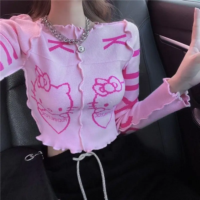 

Hello Kitty Cute Knitted Sweater Kawaii Anime Sexy T Shirt Sanrioed Cartoon Fashion Short Jacket Women Warm Tops Ladies Slim Tee