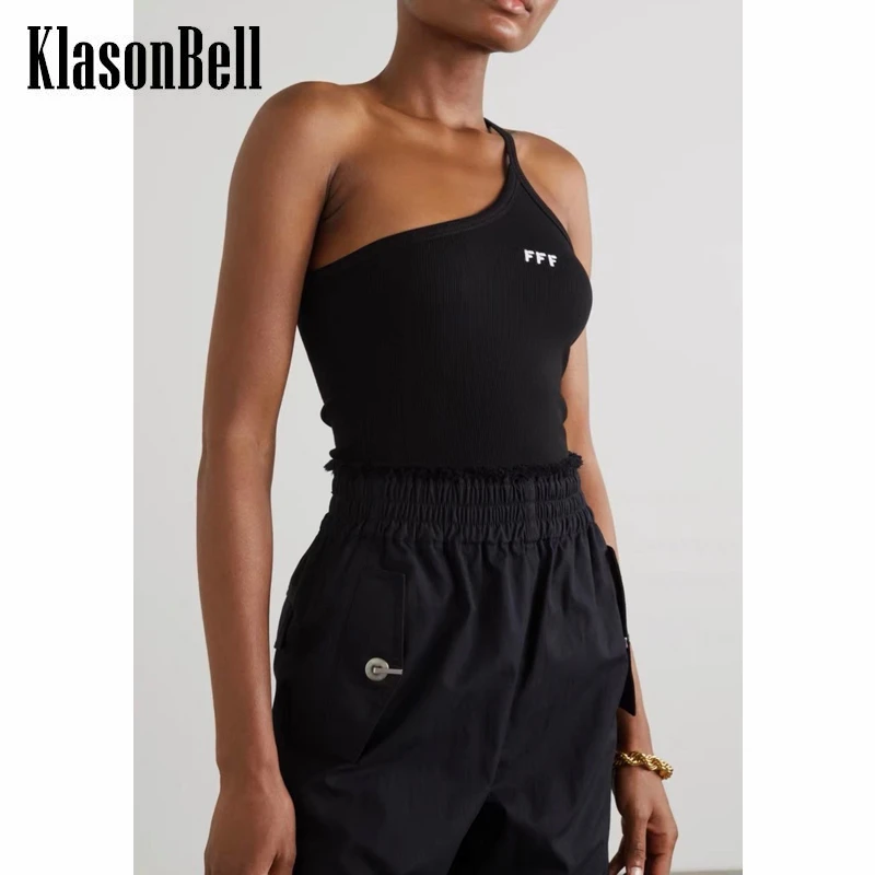 

7.15 KlasonBell Sexy One Shoulder Suspender Print Letter Ribbed Knit Slim Tank Top Women