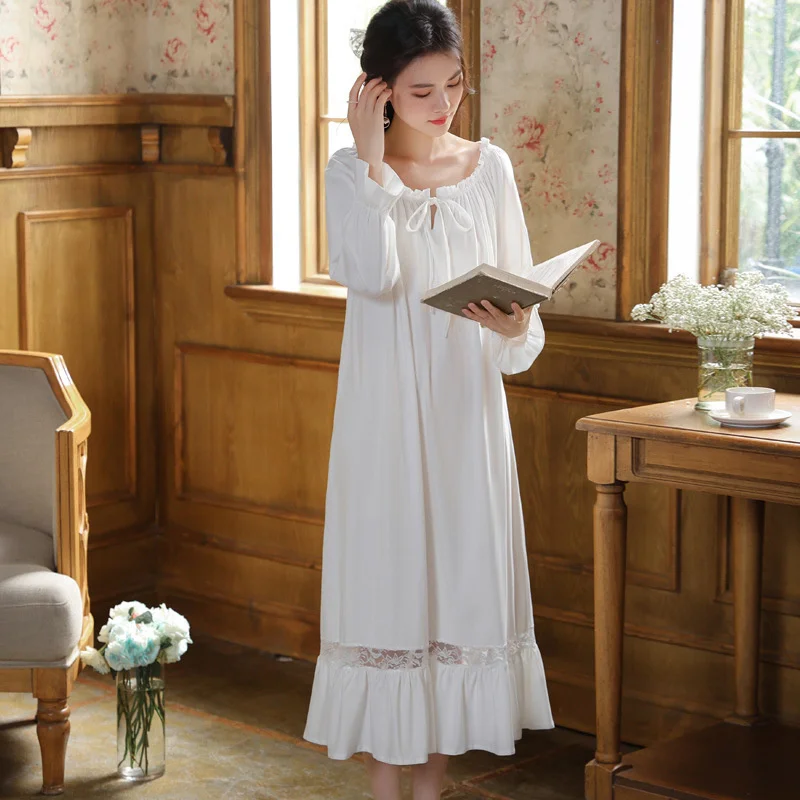 Night Dress Women Cotton O-Neck Long Sleeve Elegant Sleepdress Nightgowns Spring French Court Style Princess Pajamas Sleepdress