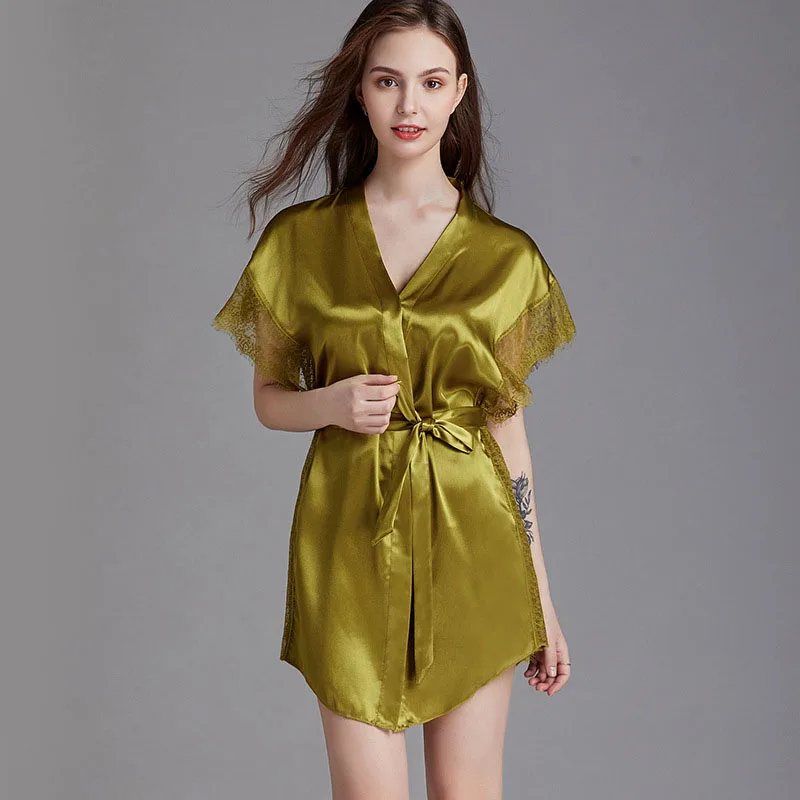 Women Satin Silk Sleep Dress Short Sleeve Lace Robe Dress Pajamas