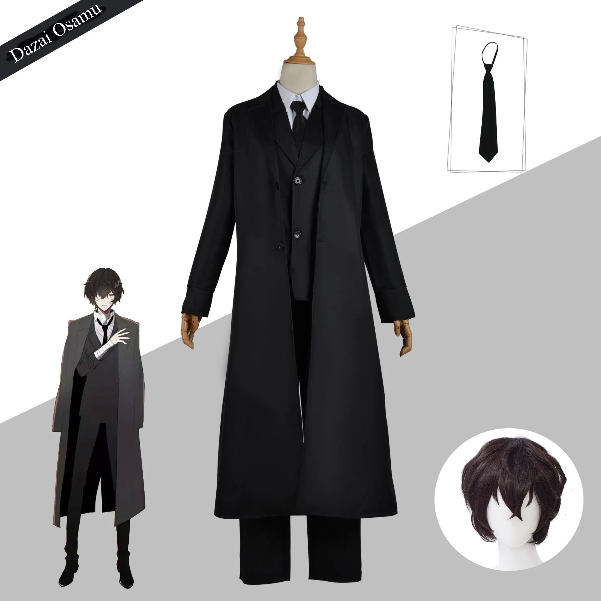 

Anime Bungo Stray Dogs Dazai Osamu Cosplay Wig Costume Black Trench Cloak Suits Outfit Uniform Halloween Party Clothes S-3XL