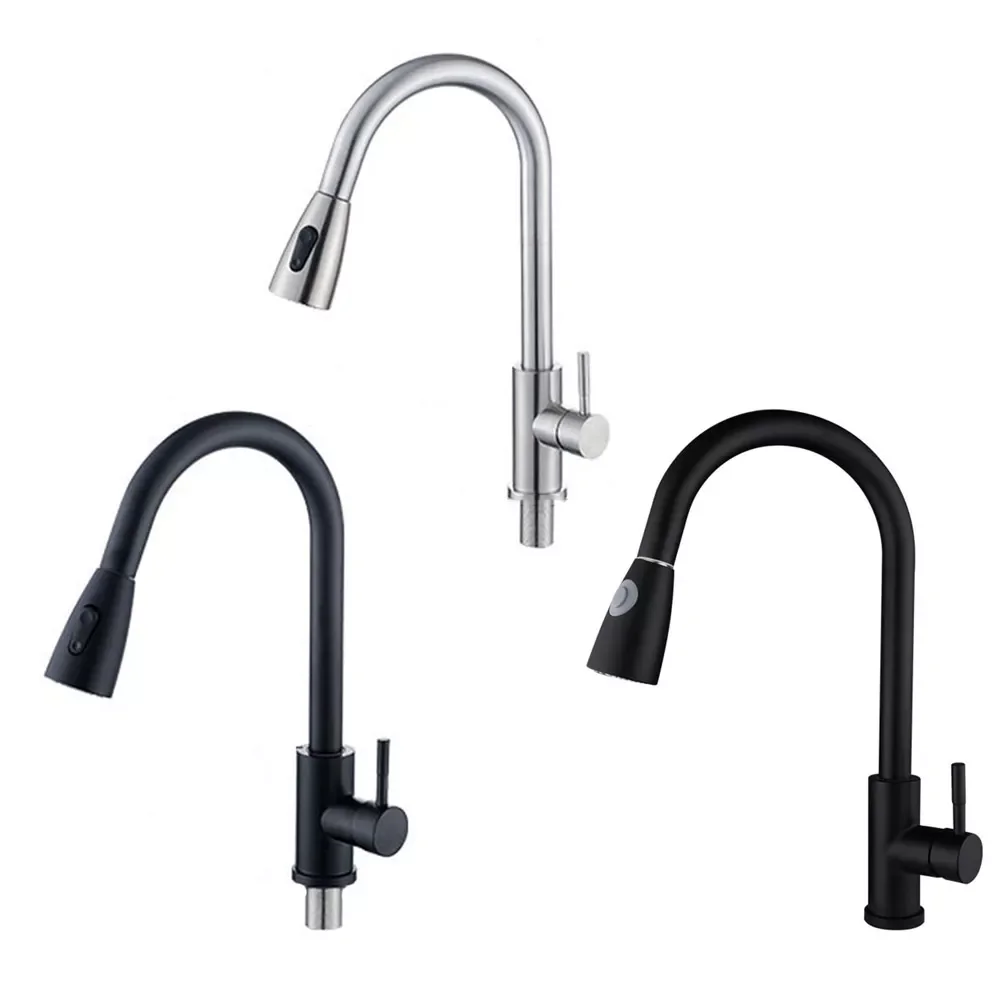 Black Kitchen Faucet Single Hole Pull Out Spout Stream deck Sink Mixer Kitchen Faucet Hot and Cold Water Taps Kitchen Faucets