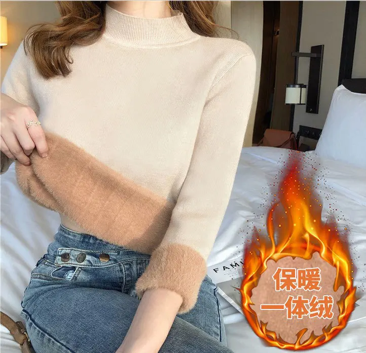 

One piece plush thickened slim fit sweater women's autumn and winter middle neck half high neck knitted bottomed shirt mink warm