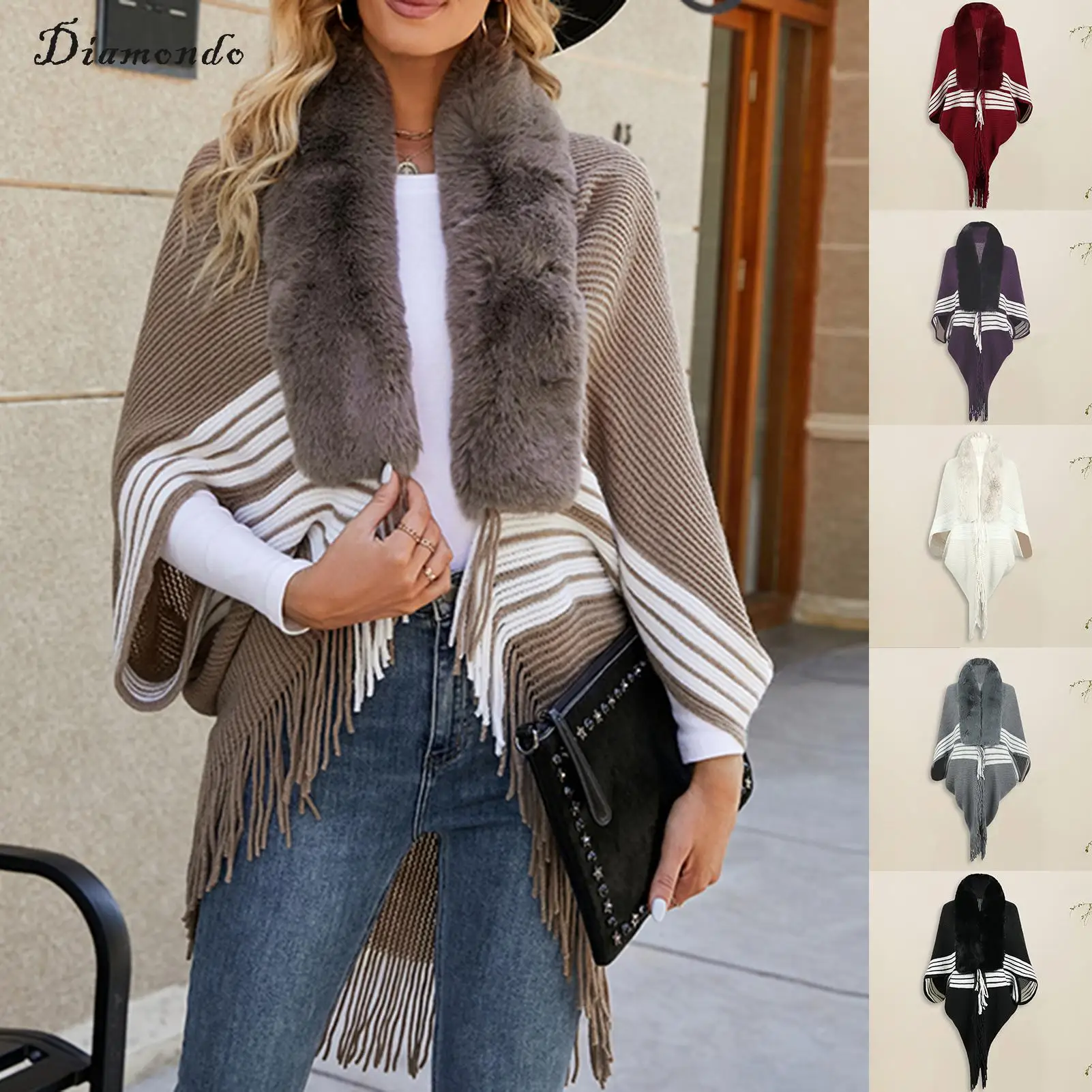 

Women Knit Cape Shawl Crochet Ladies Open Front Sweater Casual Fringe Hem Long Sleeve Horizontal Stripe Vacation Outfit