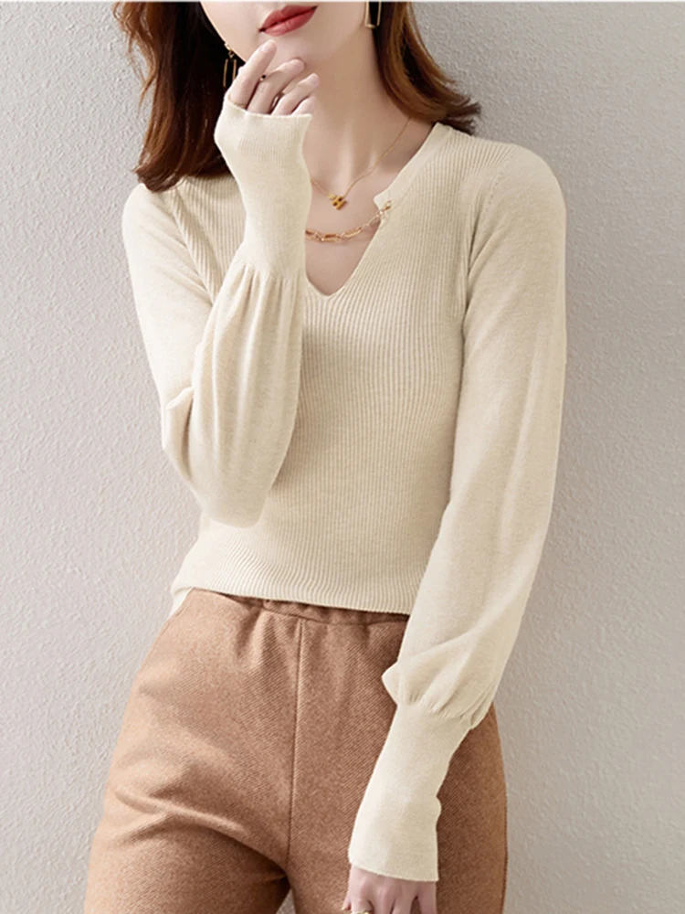 

New Fashion Slim Knit Sweater Women White V Neck Pullover Sweaters 2023 Autumn Winter Long Sleeve Top Elasticity Casual Clothes