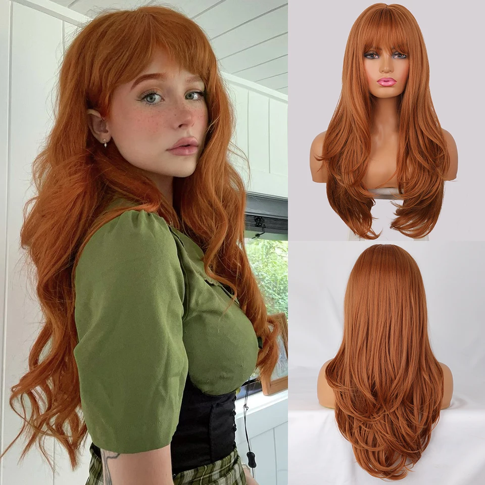 

Synthetic Wigs for Women Long Wavy Red Brown Copper Ginger Wigs With Bangs Long Straight Ombre Red Cosplay Wig Heat Resistat