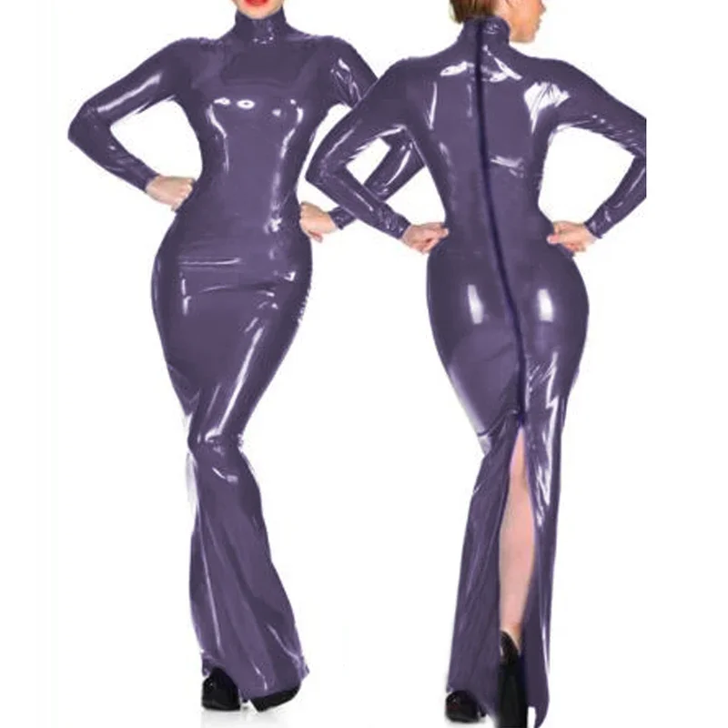 Женское платье-футляр из ПВХ с высоким воротником и молнией сзади