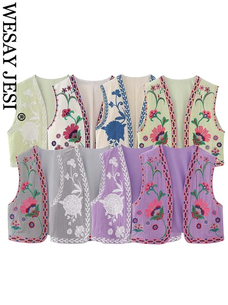 

WESAY JESI TRAF Summer Vests Woman Trendy Solid Floral Embroidery Decorate Sleeveless Cardigan Female American Retro Tank Tops