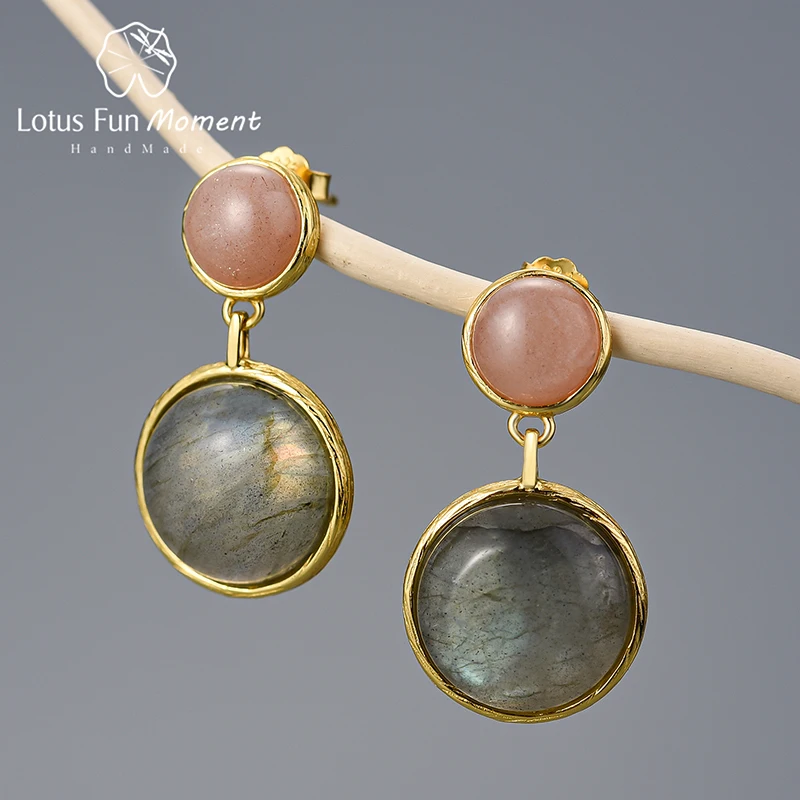 

Lotus Fun Moment 925 Sterling Silver Natural Labradorite Stone Fine Jewelry Mysterious Lake Round Dangle Earrings for Women Gift
