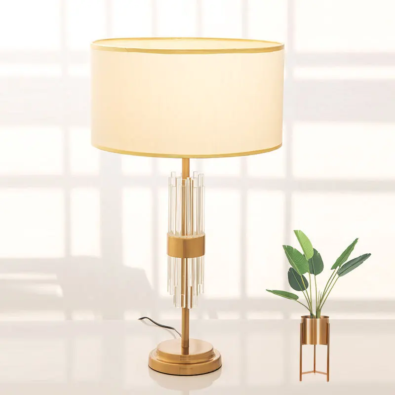 

American Transparent Glass Crystal Rod Living Room Table Lamp Iron LED E27 Bedroom Bedside Decoration White Cloth Desk Lighting