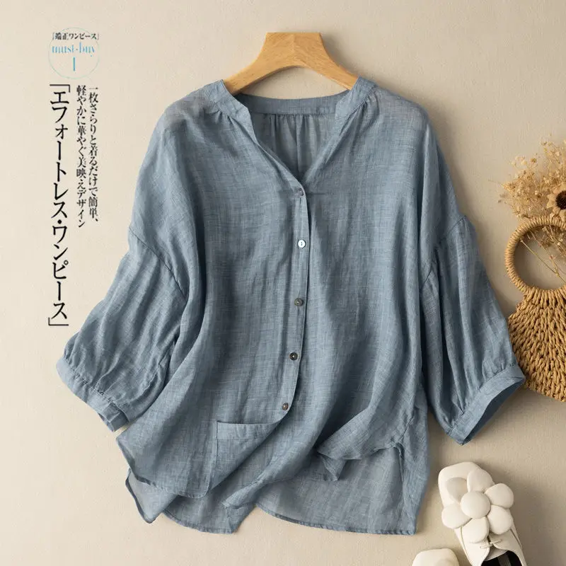 

Cotton Linen Top Summer Fall Drop Shoulder Three-quarter Sleeve Solid Shirt Women's Literary Retro Casual Loose Blouses Blusas