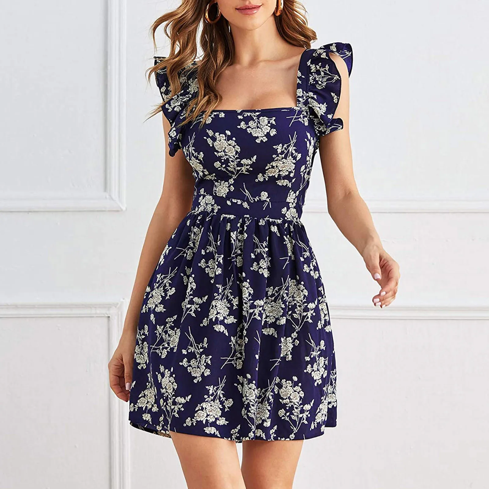 

Summer Floral Dress Women 2022 Casual Drape Ruffles Strap Mini Dress Sexy Sleeveless Loose Beach Sundress Woman Vacation Outfits