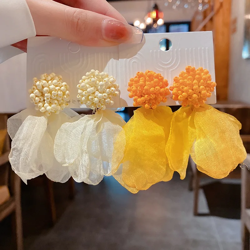 

Minar Exaggerated Beige Orange Color Cloth Earring for Women Trendy Arcylic Beaded Strand Long Drop Earrings Casual Jewellery