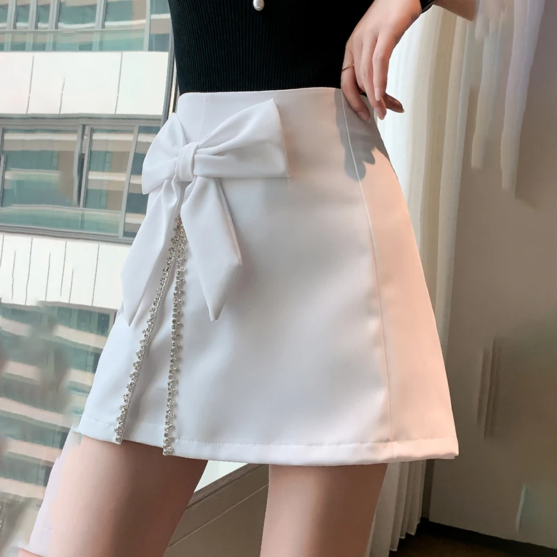 

2021 Korean Women Elegant High Waist Solid Plus Size Pencil Skirts Big Bow Knotted Summer A-Line Diamond Mini Short Skirt Sweet