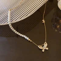 2022 fashion vintage pearl butterfly diamond pendant ins style titanium steel necklace female minority design sense clavicle cha