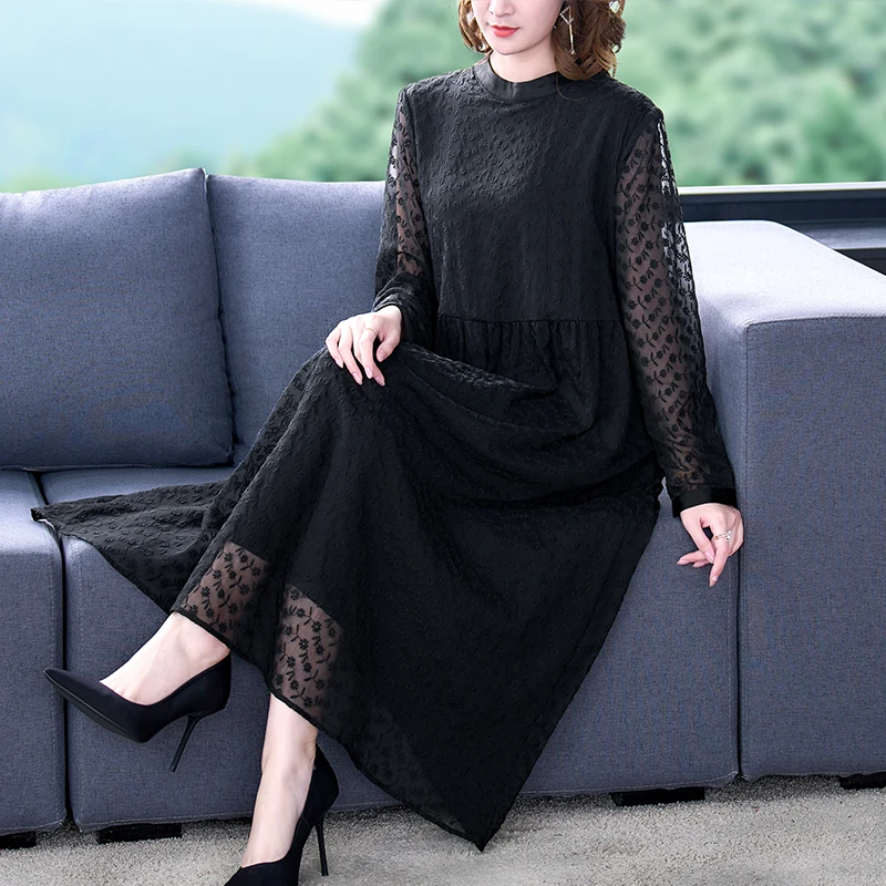 

Черное Шифоновое кружевное Привлекательное платье миди с длинным рукавом и вышивкой, женское винтажное платье в Корейском стиле Хепберн, в...